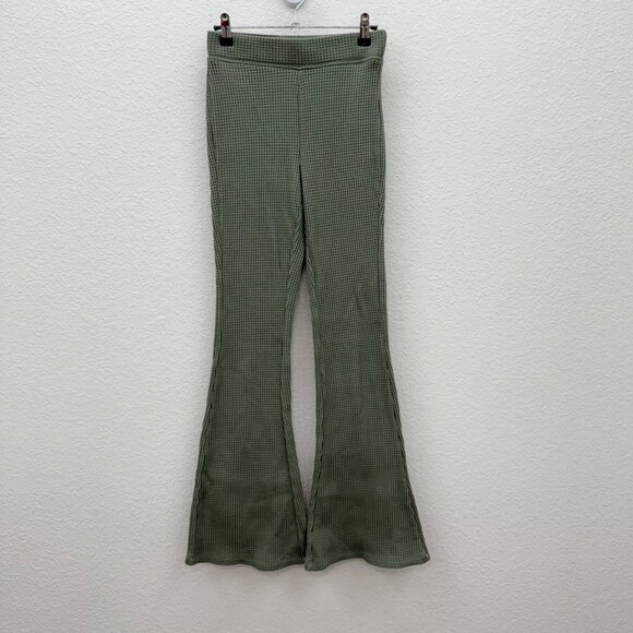 Aerie Green Waffle Knit Thermal Pull On Flare Pants Womens size XS Regular - Picture 1 of 9